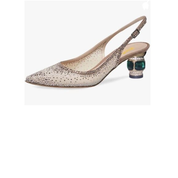 Women Pointed Toe Slingback Wedding Pumps Chunky Low Heel Rhinestone Sandals - Picture 1 of 8